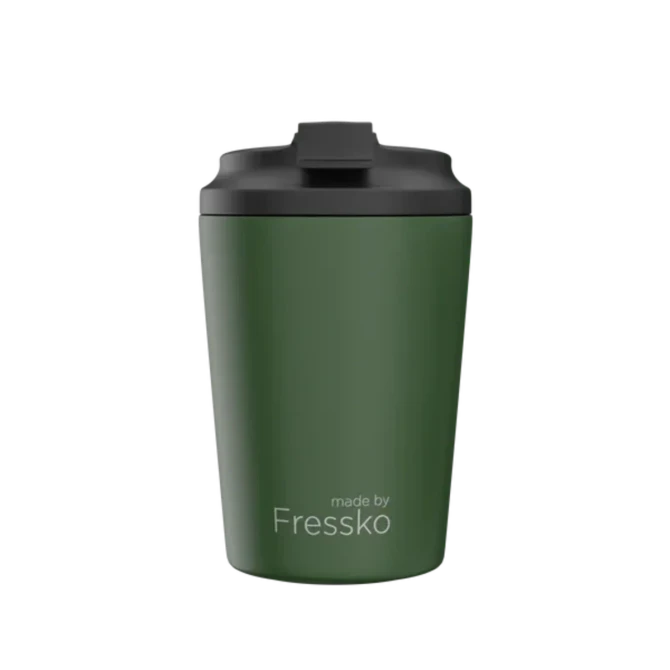 A green reusable cup with a black lid and a logo on the side. Suitable for various beverages.