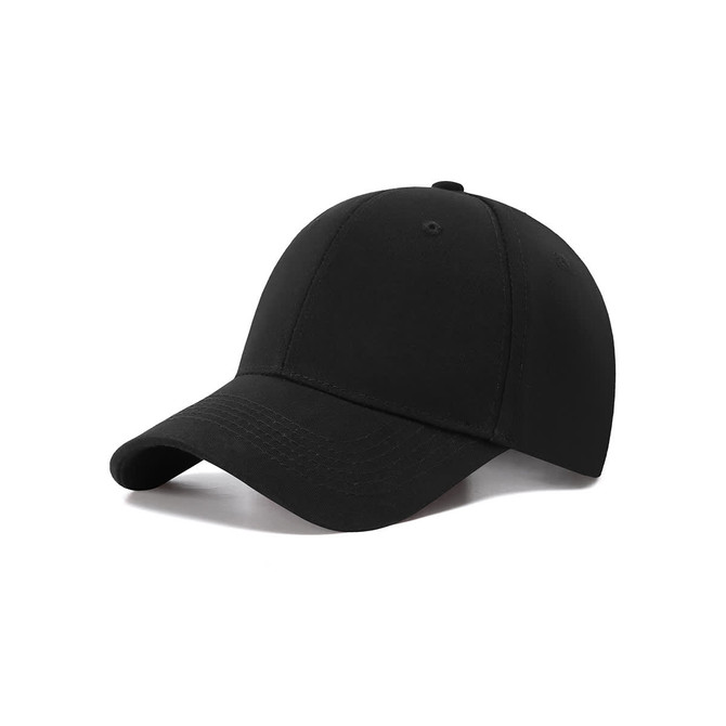 A black 6-panel cap made of 230gsm fabric, featuring a curved brim and a logo.