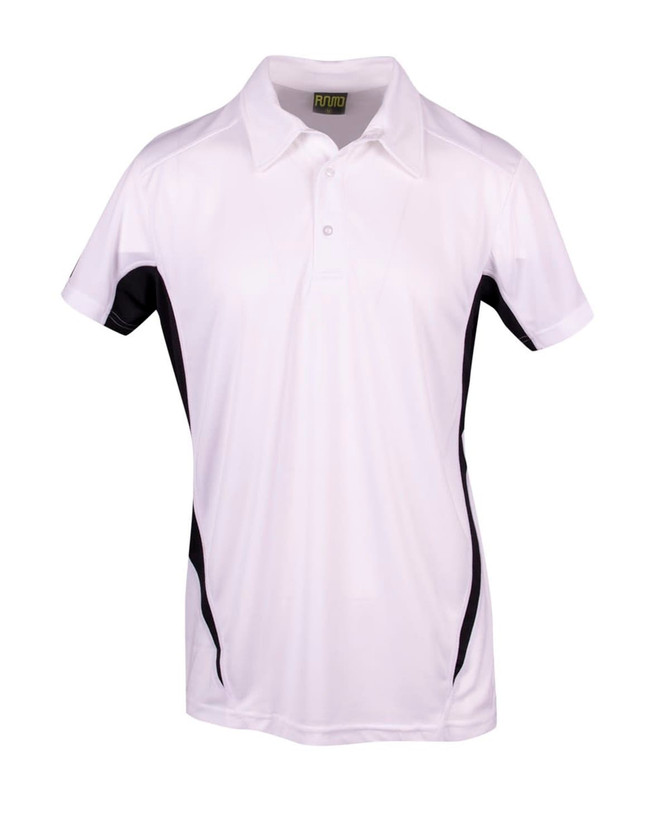 A white polyester polo shirt featuring black accents and a logo on the chest.