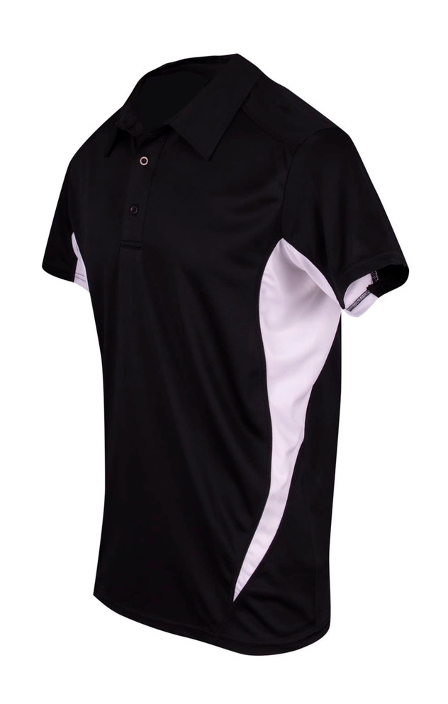 Men's polyester polo shirt featuring a black body with white side panels and a branding logo on the sleeve.