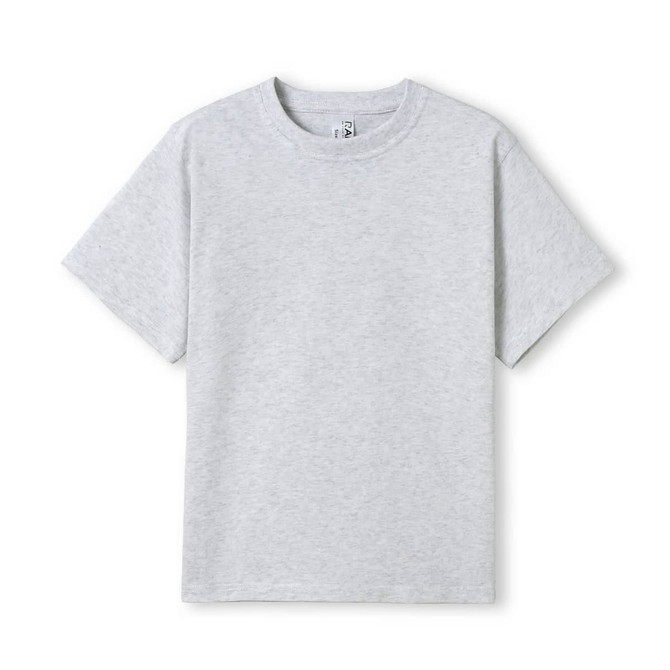 A white kid's regular T-shirt featuring short sleeves and a simple design. It includes a brand label.