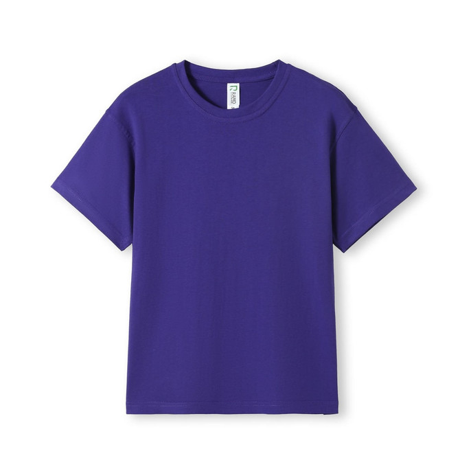A purple kid's regular T-shirt with short sleeves and a simple design. Includes a brand logo on the label.