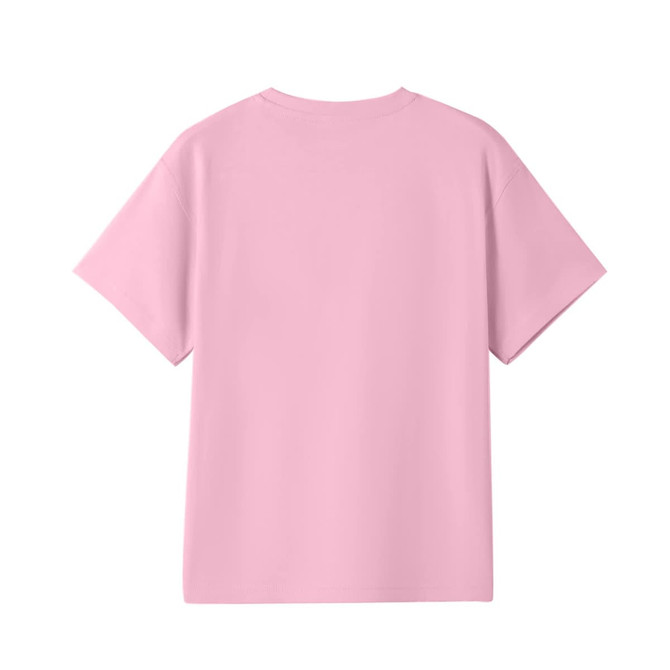 A pink kid's regular T-shirt with short sleeves and a simple design, featuring no visible branding.