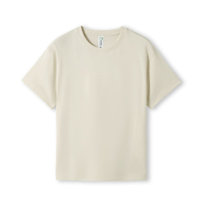 A kid's regular t-shirt in a light beige colour, featuring short sleeves and a round neck. It has a logo on the label.