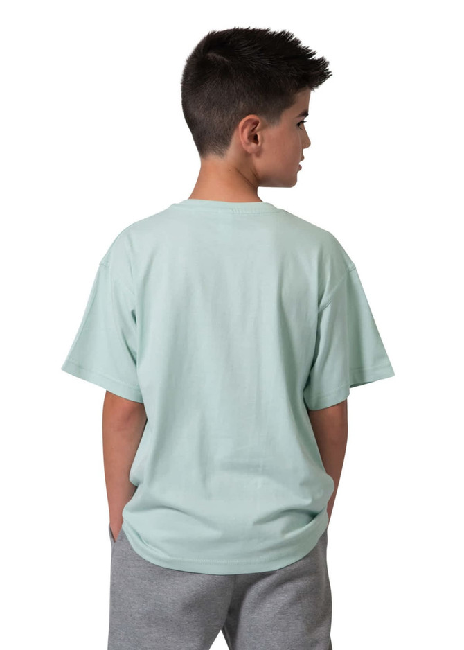 A mint green kid's regular T-shirt viewed from the back, paired with grey shorts. The shirt has a logo on it.