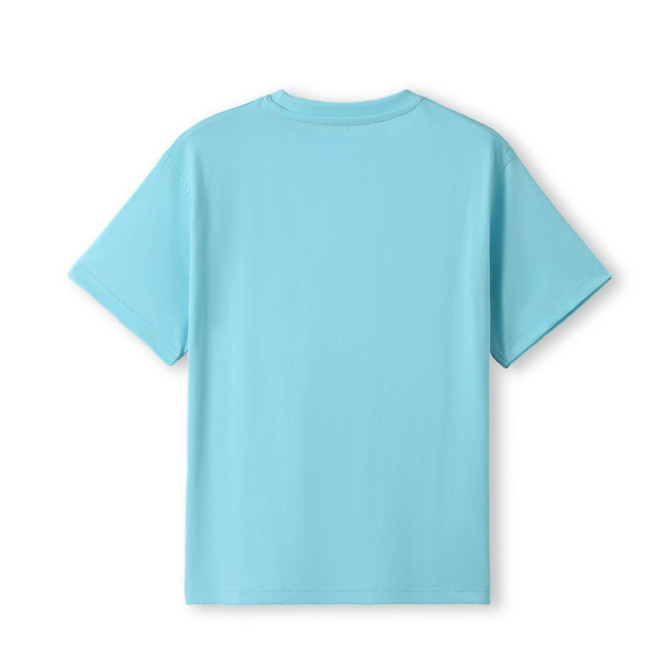 A light blue kid's regular T-shirt featuring short sleeves and a simple design, with a logo on the back.