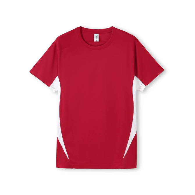 A red men's t-shirt featuring white side panels and a logo. The fabric appears smooth and lightweight.