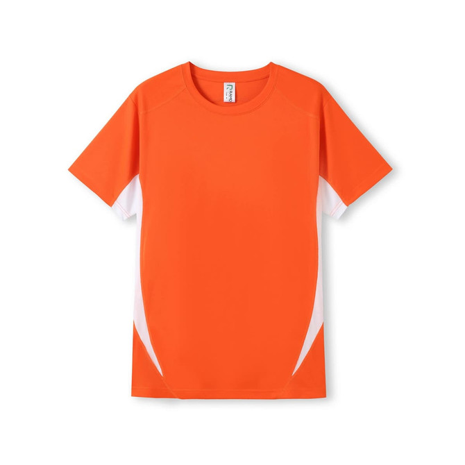 An orange T-shirt with white side accents and a logo. Suitable for casual and active wear.
