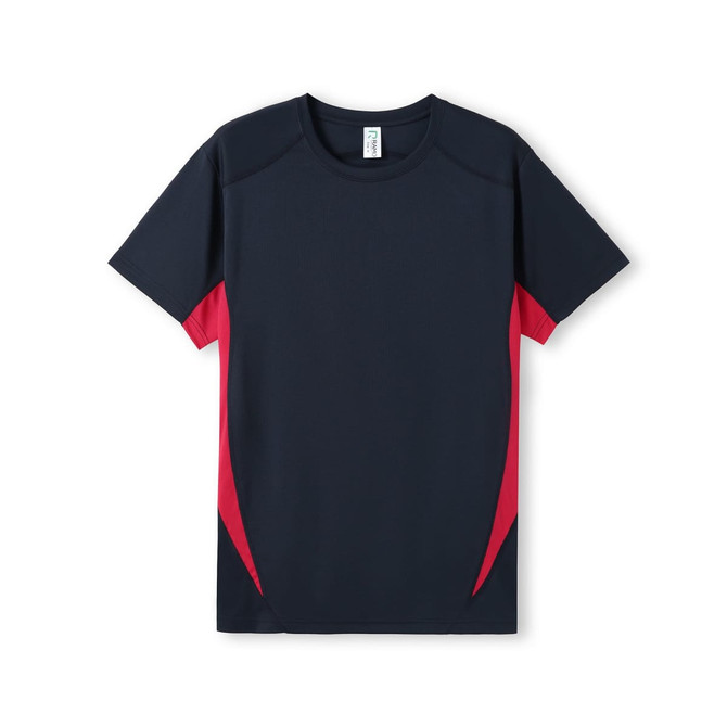 A navy blue T-shirt with red side accents and a logo, designed for men.