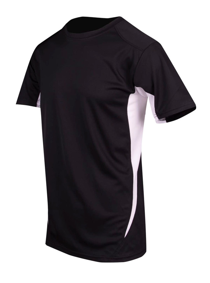 A black and white men's T-shirt with short sleeves, featuring a logo on the front. 