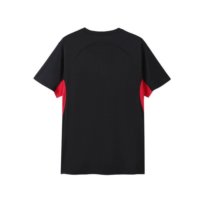 A black and red men's T-shirt with a smooth finish and a logo on the back.