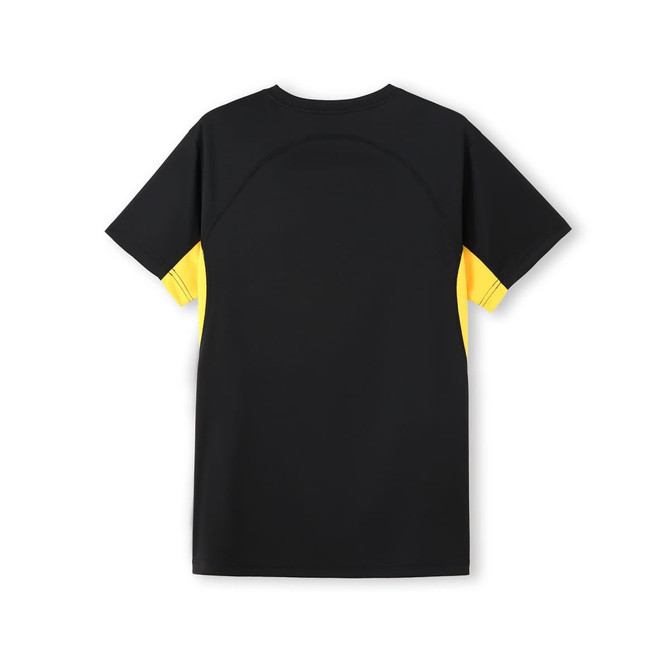 A black and yellow men's t-shirt featuring a logo, designed for cool and dry comfort.