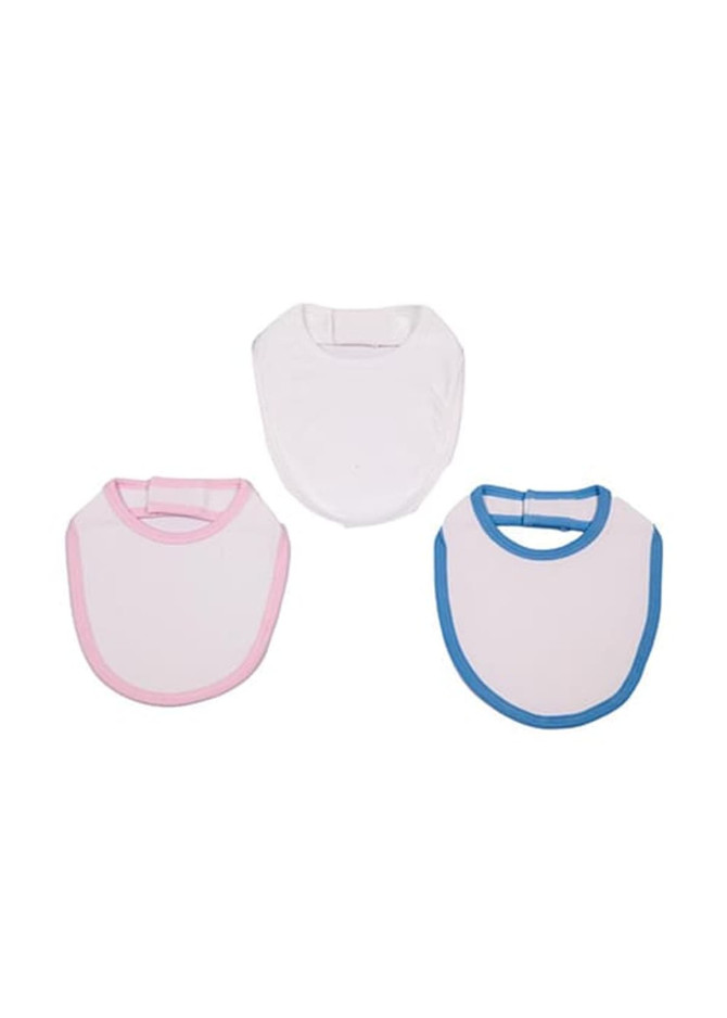 Three baby bibs in white, pink, and blue, featuring contrasting edges and a logo on each.