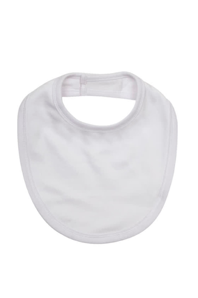 A white baby bib with a rounded shape and a fastener at the neck. It features a logo at the edge.