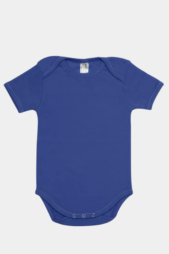 A baby short sleeve romper in a vibrant blue, featuring snap closures at the bottom and a smooth fabric finish.