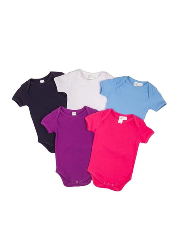 A collection of five baby short sleeve rompers in navy, white, light blue, purple, and pink, featuring a brand logo.