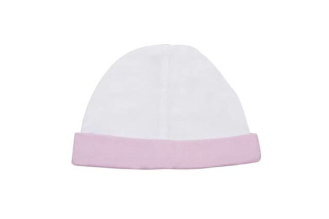 A white baby cap with a soft pink band at the bottom and a seam running down the centre.