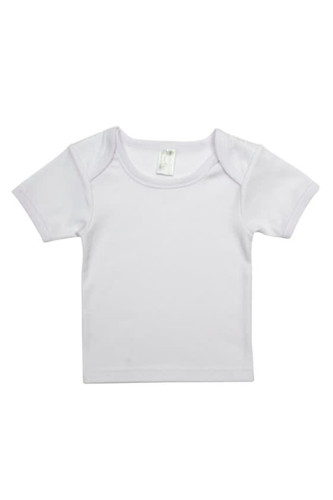 A white short sleeve baby tee featuring a round neck and a small tag inside. It has a plain design.