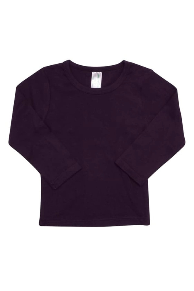 A dark purple long-sleeve T-shirt for babies, featuring a simple design and a label at the neckline.