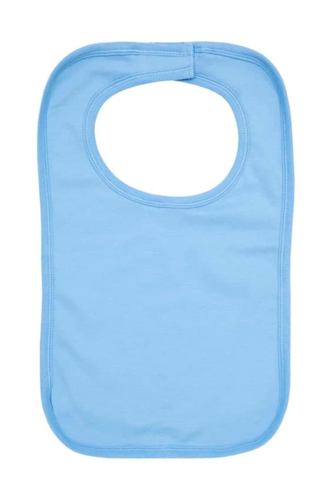 A blue organic kids bib with a rounded neckline and a simple design. It features a brand logo.