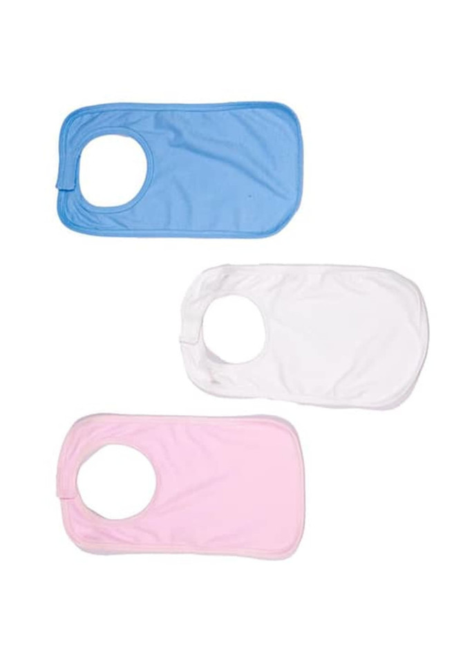 A set of three organic kids' bibs in blue, white, and pink, featuring a circular neck opening. Each has a logo.