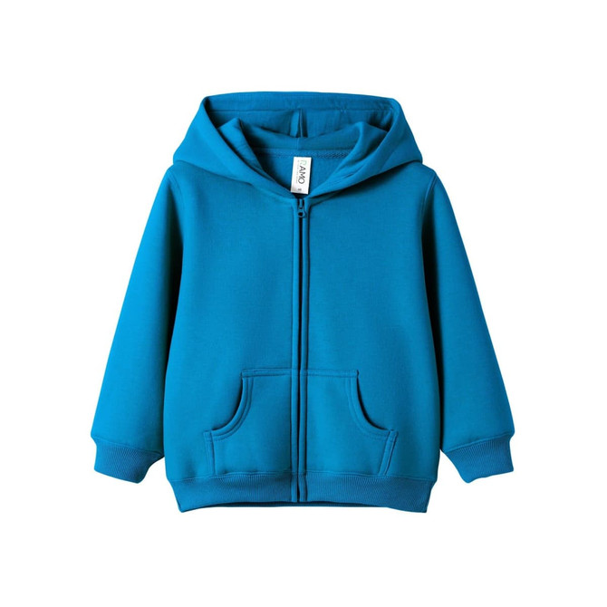 A blue fleece baby zip hoodie with a hood and front pockets, featuring a logo.