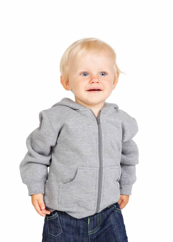 A grey fleece baby zip hoodie worn by a toddler, paired with denim jeans, standing against a white background.