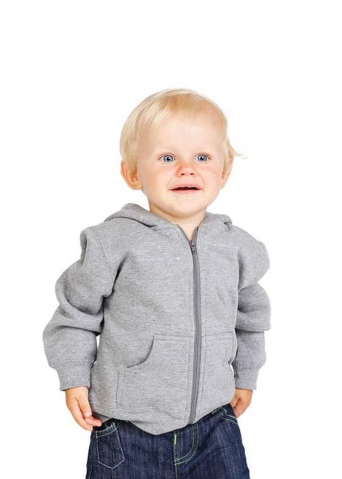 A grey fleece baby zip hoodie worn by a smiling toddler, featuring a front zip and pockets.