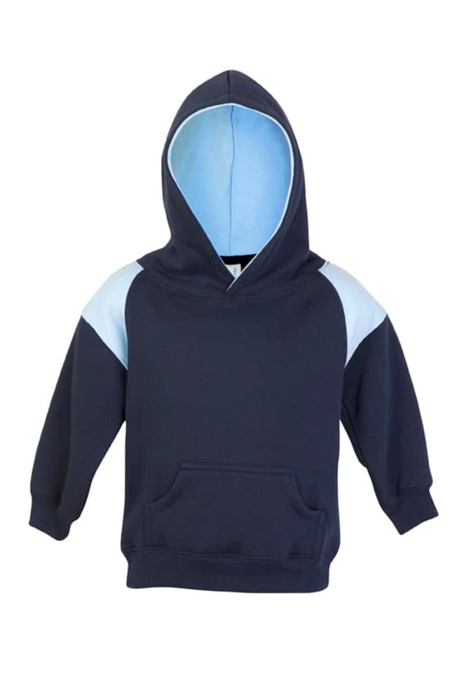 A navy hoodie with light blue contrast panels and a hood, featuring a front pocket and branding.