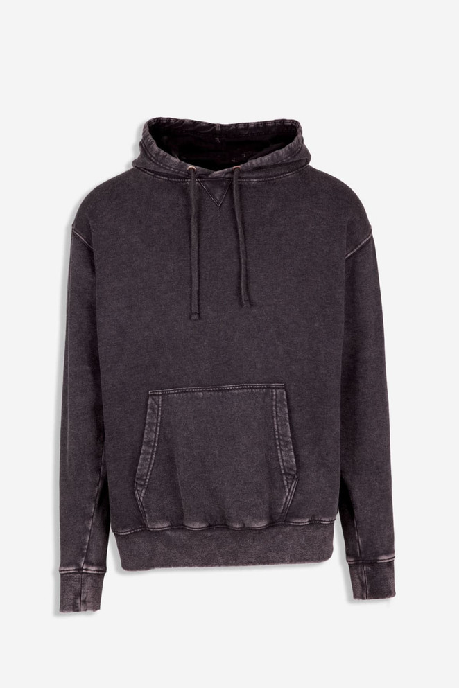 A men's stone wash fleece hoodie in dark grey with a front pocket and drawstring hood, featuring a logo.