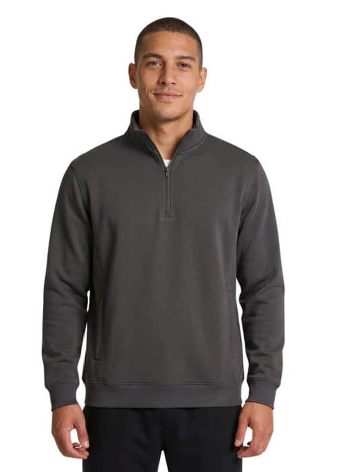 A navy half zip fleece jumper for men, featuring a stand-up collar and side pockets. It has a logo on it.