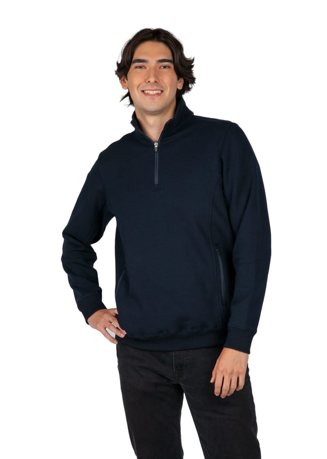 A model wearing a men's half zip fleece jumper in navy, featuring side pockets and a zip closure.