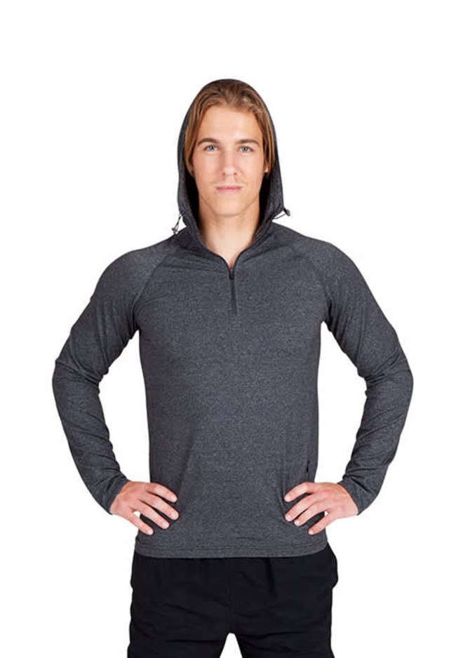 A men's half-hood top in dark grey with a zip closure and long sleeves. Features a logo on the garment.