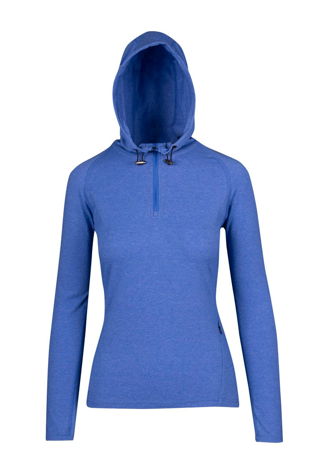 A blue women's half-hood top with long sleeves and a zippered front, featuring a logo.