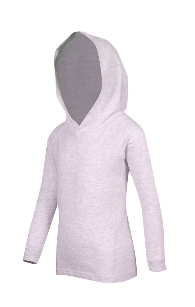 A light grey hoodie with a hood, featuring long sleeves and a soft, smooth texture. It has a simple design.