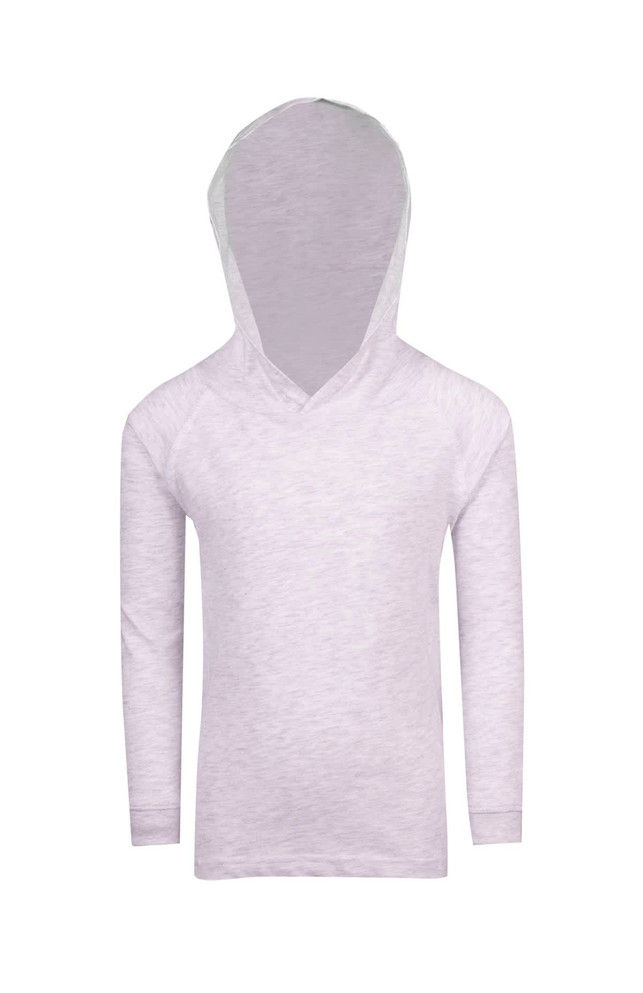 A light grey kids' hoodie featuring a v-neck design and long sleeves, with a hood. It has a logo on it.