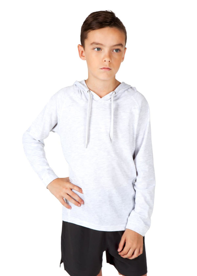 A light grey hoodie with a drawstring, designed for kids, worn by a child standing with hands on hips.