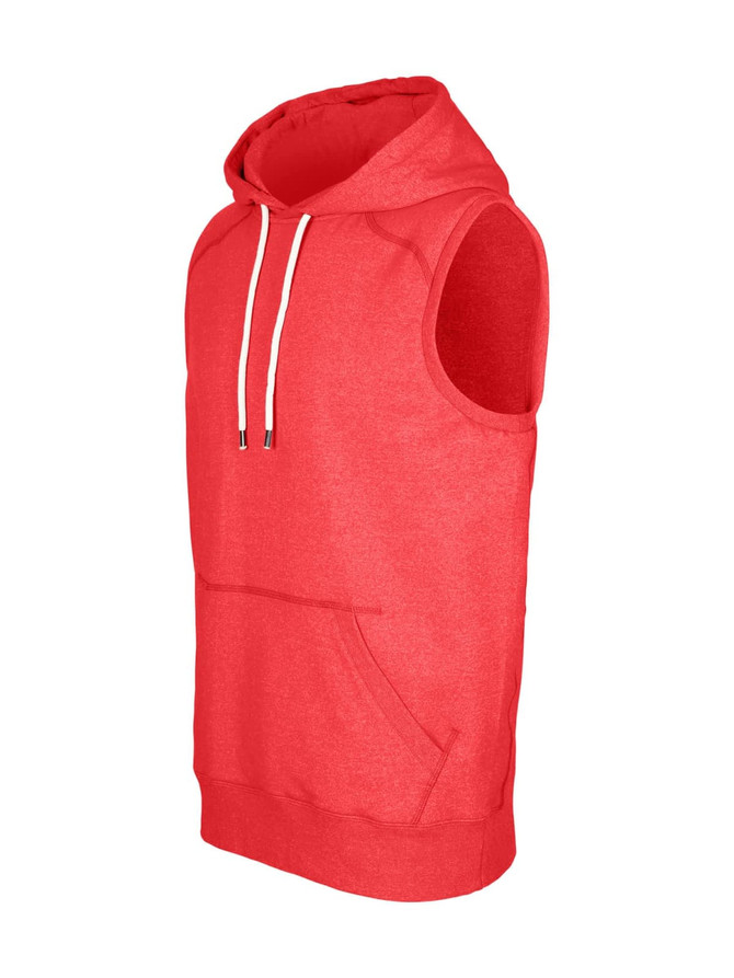 A red sleeveless hoodie featuring a front pocket and a drawstring hood, with branding visible.