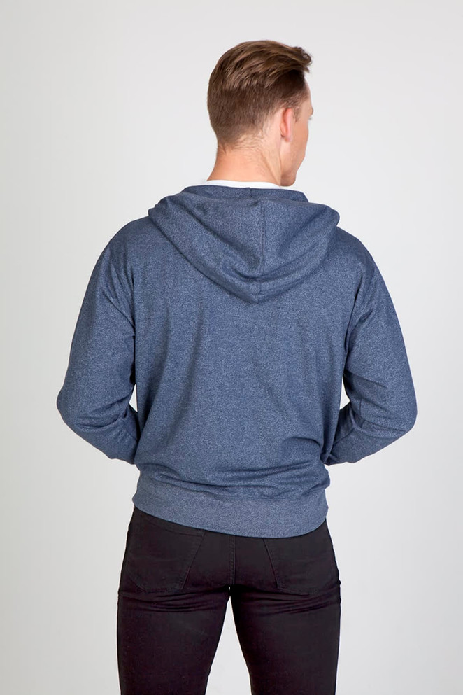 A navy heather zip hoodie with a hood, featuring a slim fit design and no visible branding, viewed from the back.