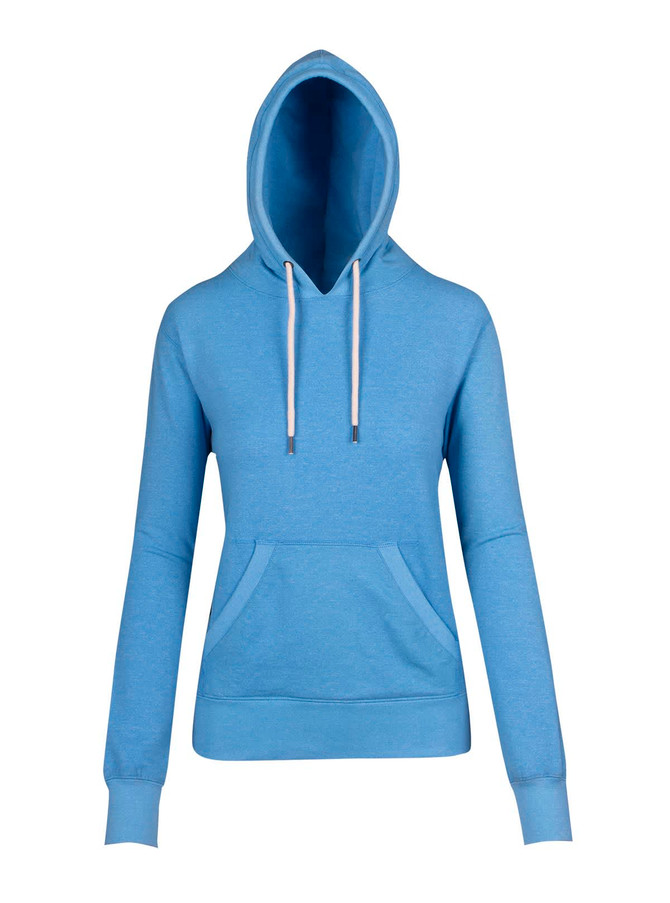 A blue women's hoodie with a front pocket and drawstring hood, featuring a logo on the side.