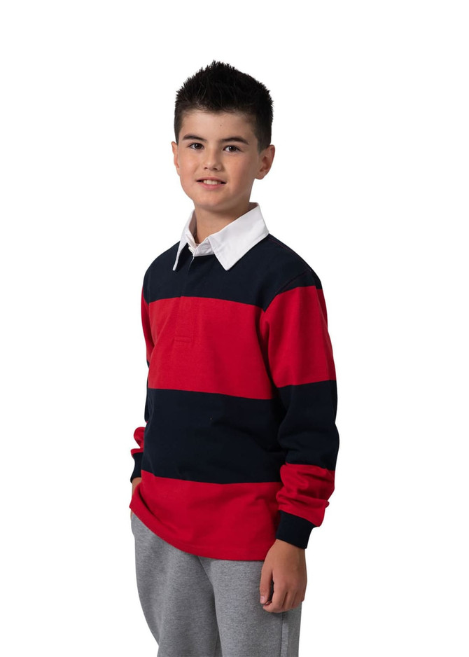 A kid's rugby polo top featuring horizontal red and navy stripes, with a white collar and long sleeves.