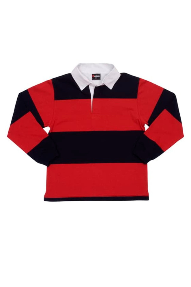A red and navy striped rugby polo top with a white collar, featuring a logo on the chest.
