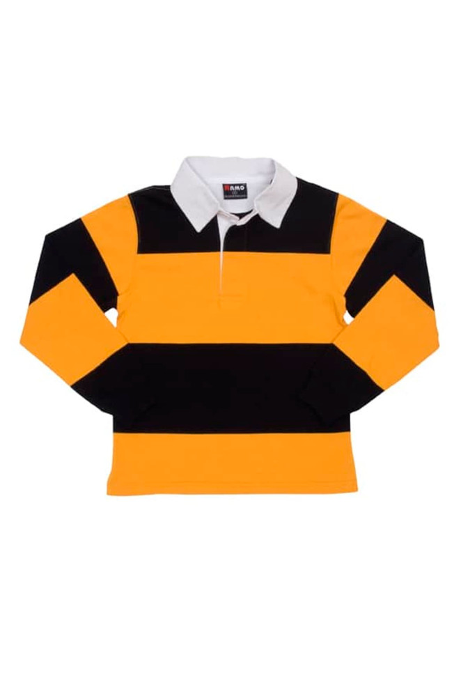 A black and yellow striped rugby polo top with a white collar, featuring a brand logo.
