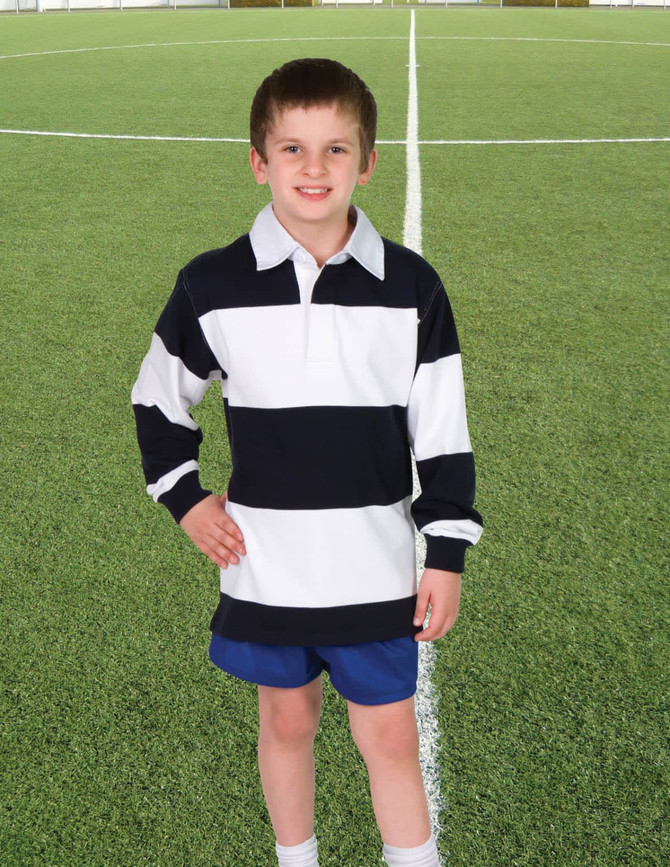 A boy stands on a rugby field wearing a navy and white striped polo top with a collar. The shirt has a logo.