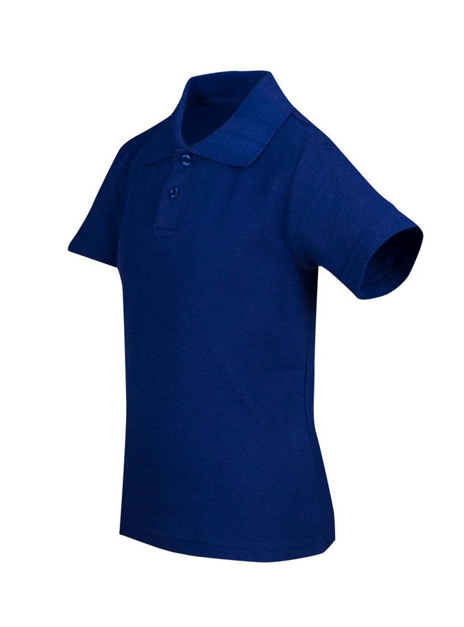 A navy blue kid's polo shirt with a collar and two buttons, featuring short sleeves and a logo.