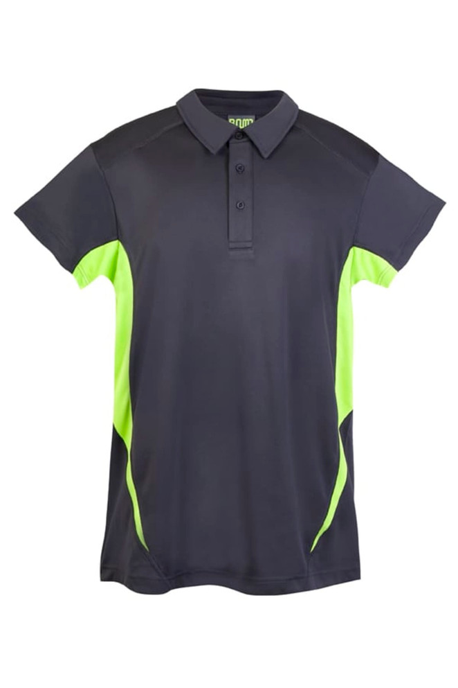 A kid's polo shirt in dark grey with bright green accents and a logo on the chest.