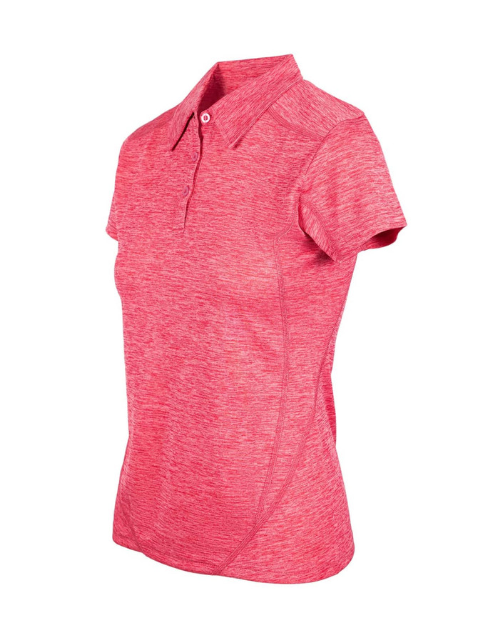 A pink women's polo shirt made of 100% polyester, featuring a collar and a branded logo.