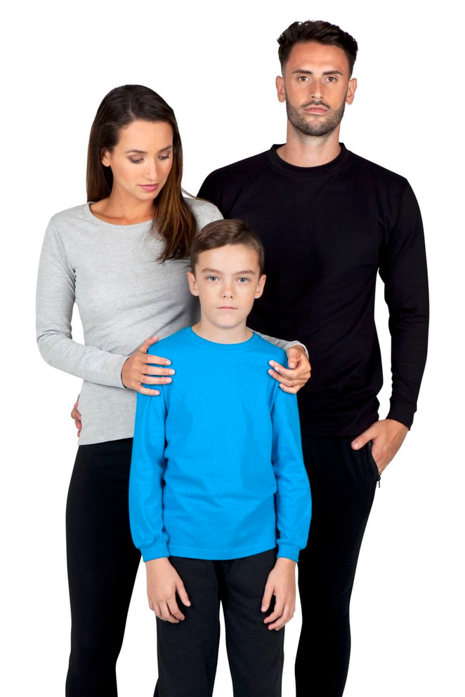 A grey long sleeve t-shirt on a woman, a black long sleeve t-shirt on a man, and a blue long sleeve t-shirt on a boy.