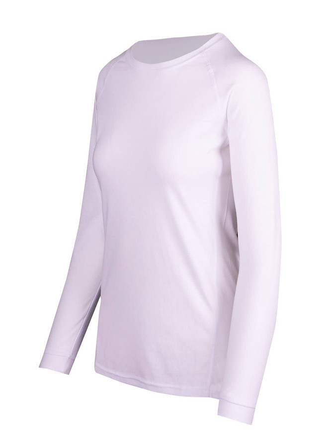 A white long sleeve T-shirt with a relaxed fit and raglan sleeves, featuring a logo on the side.