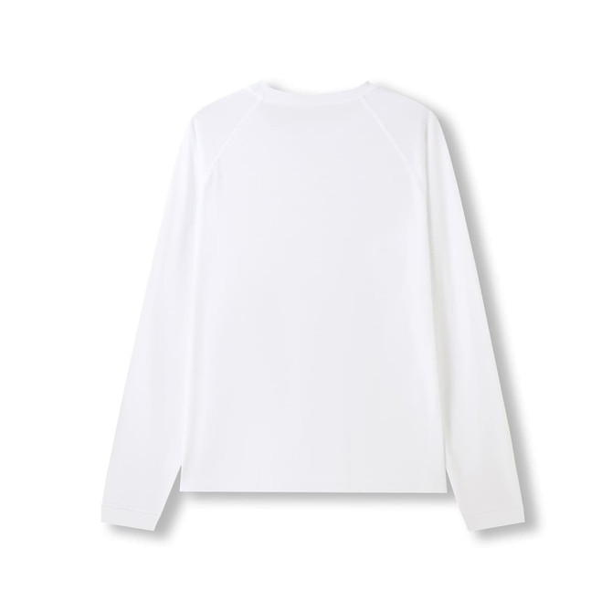 A white long sleeve T-shirt with a simple design and a logo on the back.